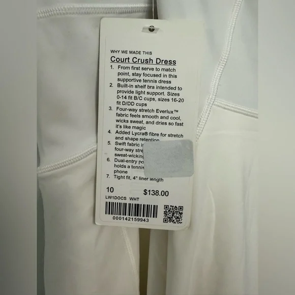 Lululemon Court Crush Tennis Dress White Built in Bra Size 10 - Picture 8 of 8